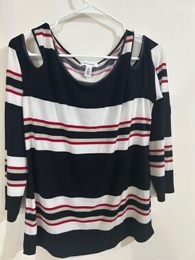 Calvin Klein Black, White & Red Striped Cold-Shoulder Long Sleeve Top
